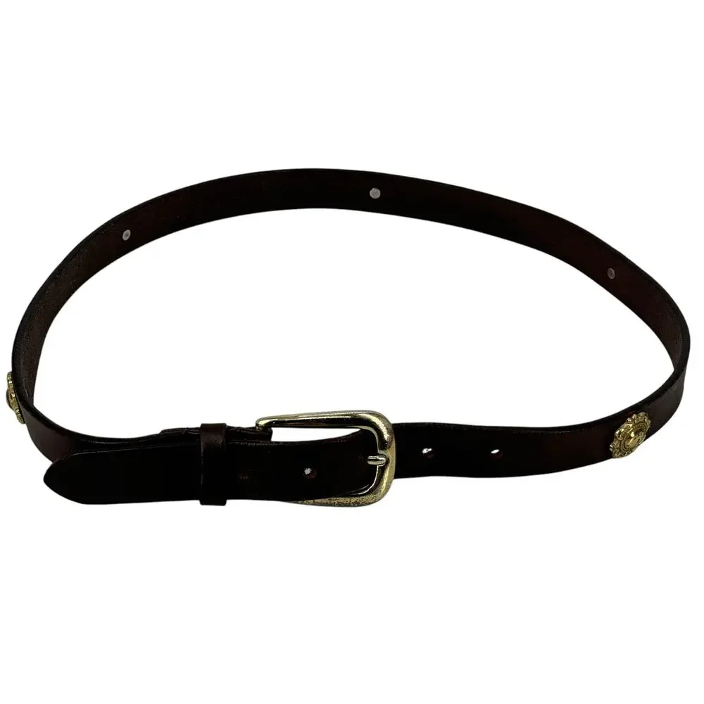 Vintage Donna Katz Women’s Skinny Belt SZ L Brown Medallion Bold 80s Unique Mod